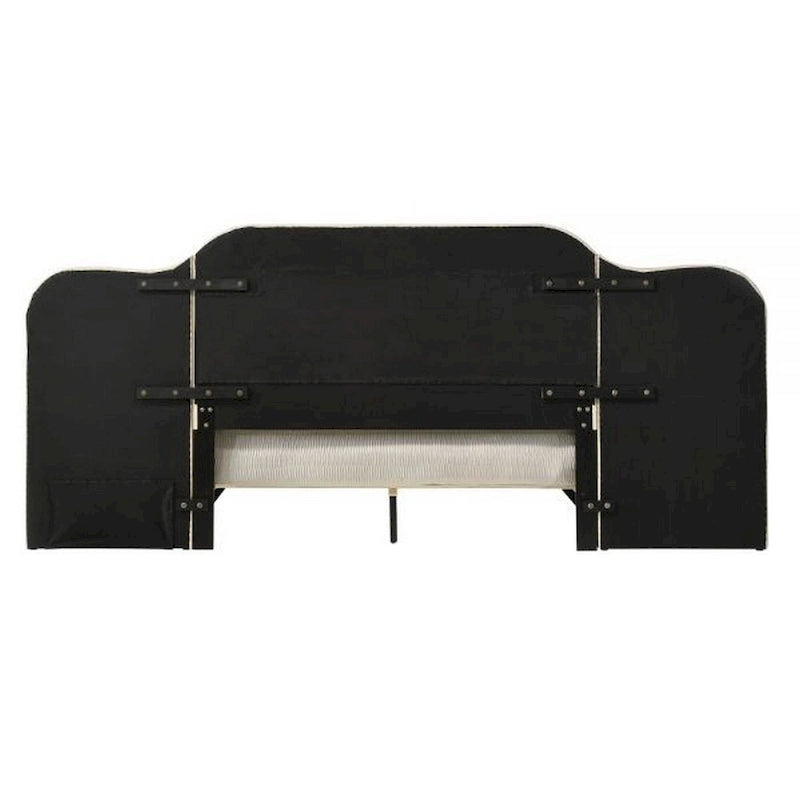 Lit Queen Size Ronny Inch, tête de lit murale, revêtement en lin touffeté beige