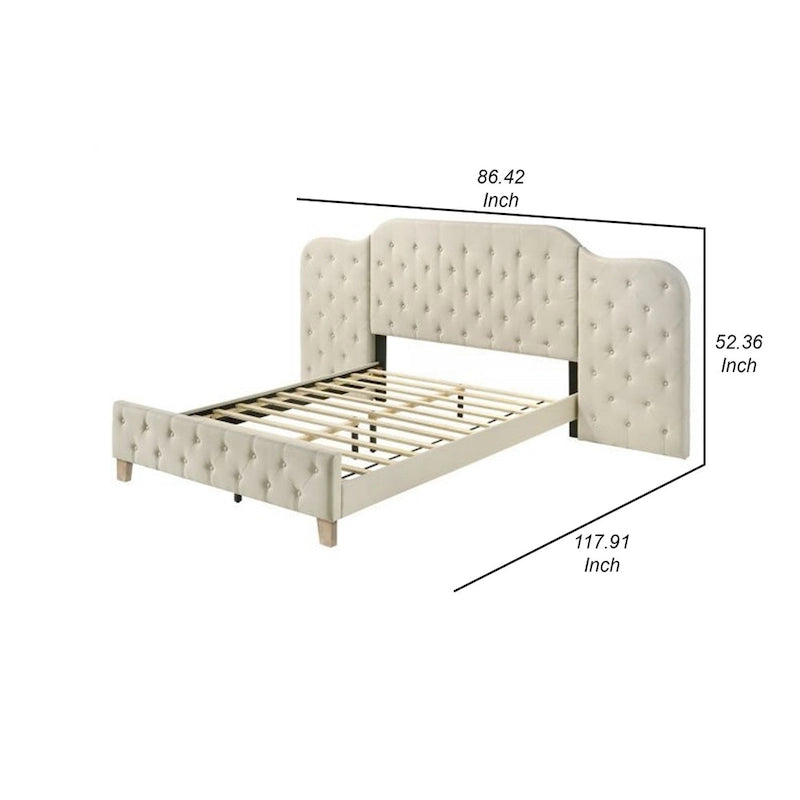 Lit Queen Size Ronny Inch, tête de lit murale, revêtement en lin touffeté beige