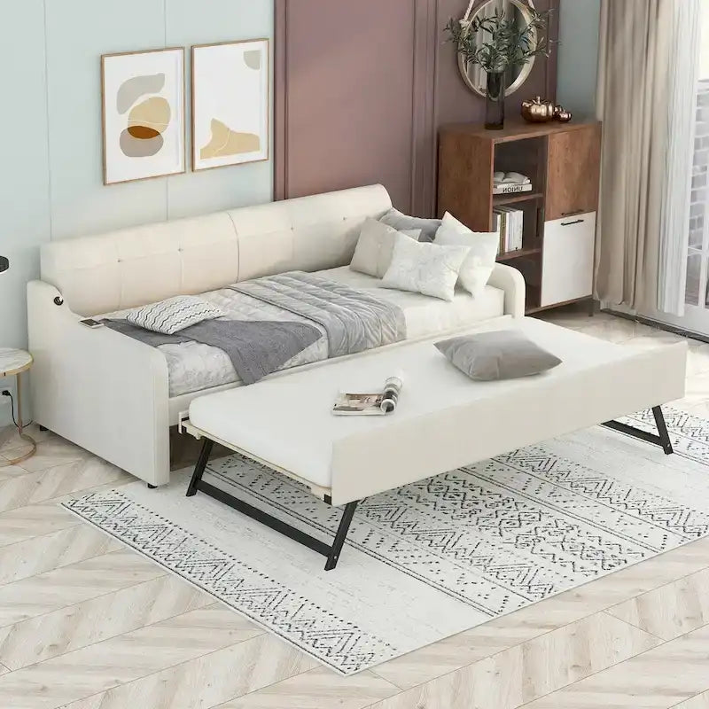 Twin Size Upholstery Daybed with Trundle and USB Charging Design, Trundle Can Be Flat or Erected & Upholstery Backrest