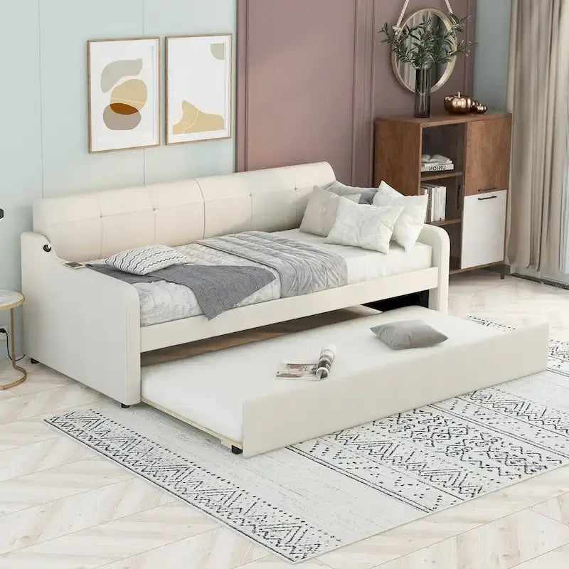Lit de repos capitonné Twin avec lit gigogne et port de charge USB, le lit gigogne pouvant être à plat ou relevé et dossier capitonné
