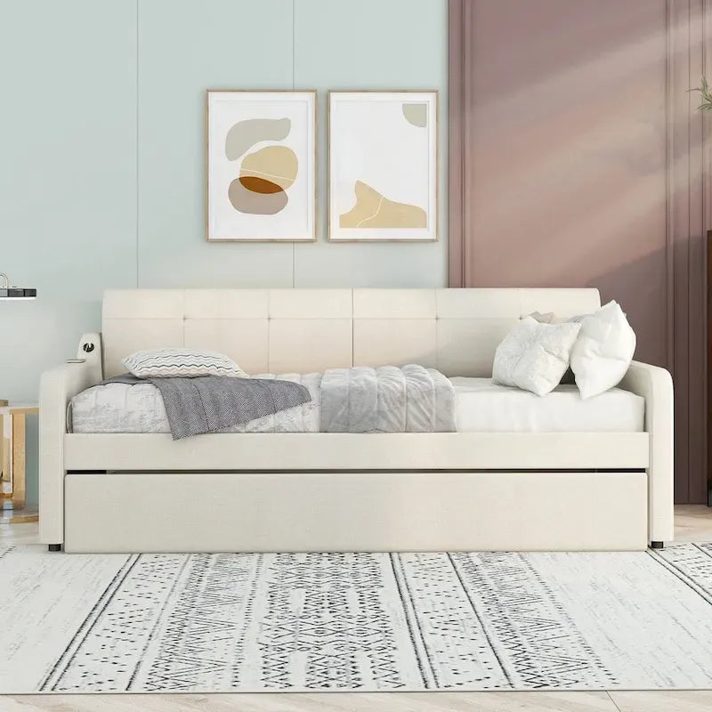 Lit de repos capitonné Twin avec lit gigogne et port de charge USB, le lit gigogne pouvant être à plat ou relevé et dossier capitonné