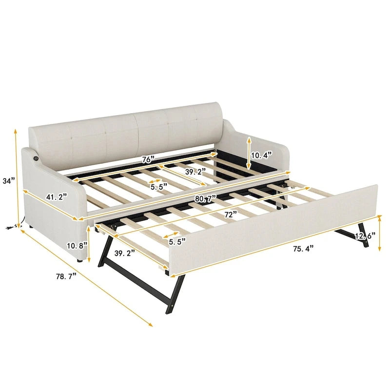 Lit de repos capitonné Twin avec lit gigogne et port de charge USB, le lit gigogne pouvant être à plat ou relevé et dossier capitonné