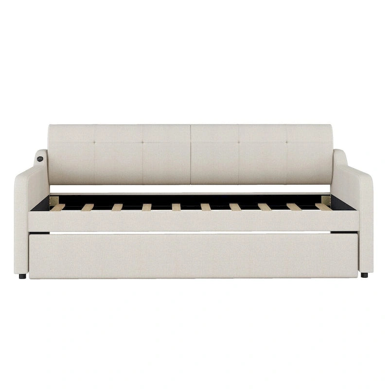 Lit de repos capitonné Twin avec lit gigogne et port de charge USB, le lit gigogne pouvant être à plat ou relevé et dossier capitonné