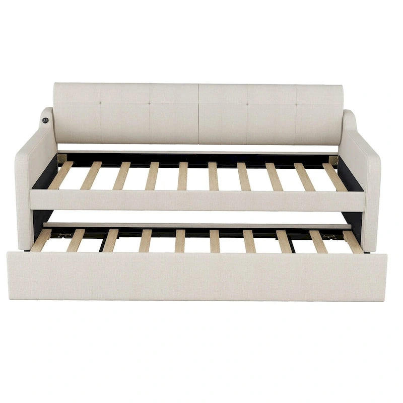 Lit de repos capitonné Twin avec lit gigogne et port de charge USB, le lit gigogne pouvant être à plat ou relevé et dossier capitonné