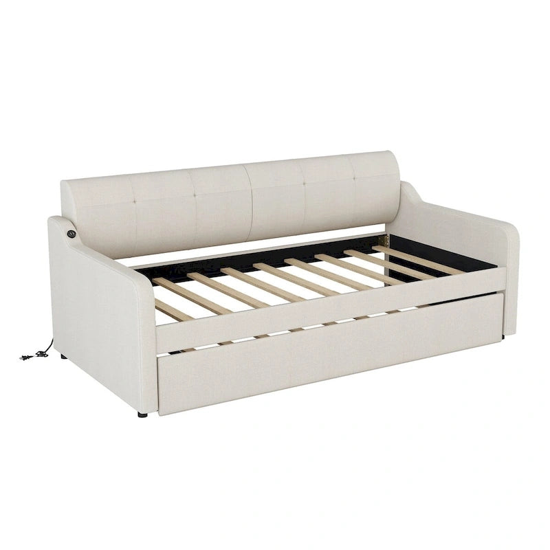 Lit de repos capitonné Twin avec lit gigogne et port de charge USB, le lit gigogne pouvant être à plat ou relevé et dossier capitonné