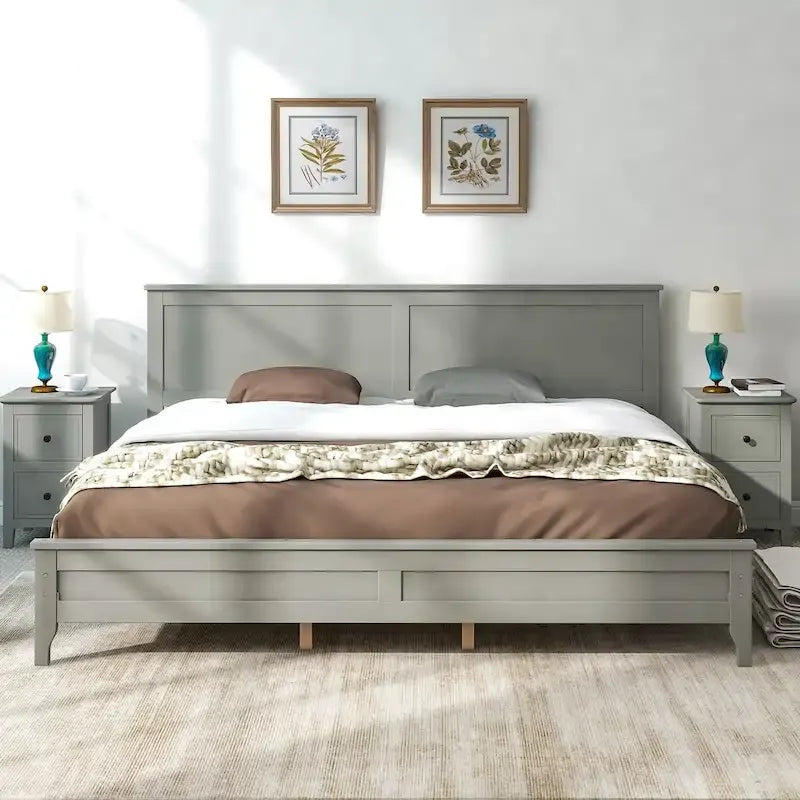 Lit plateforme King Size en bois avec tête et pied de lit, support à lattes en bois