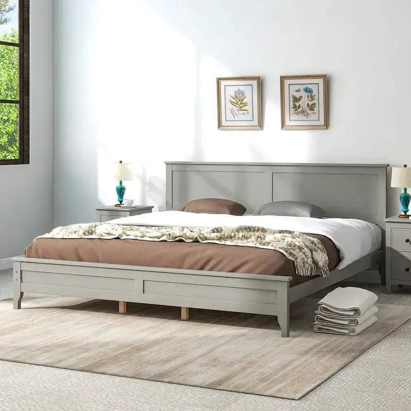 Lit plateforme King Size en bois avec tête et pied de lit, support à lattes en bois