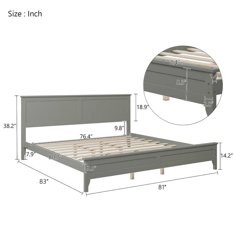 Lit plateforme King Size en bois avec tête et pied de lit, support à lattes en bois