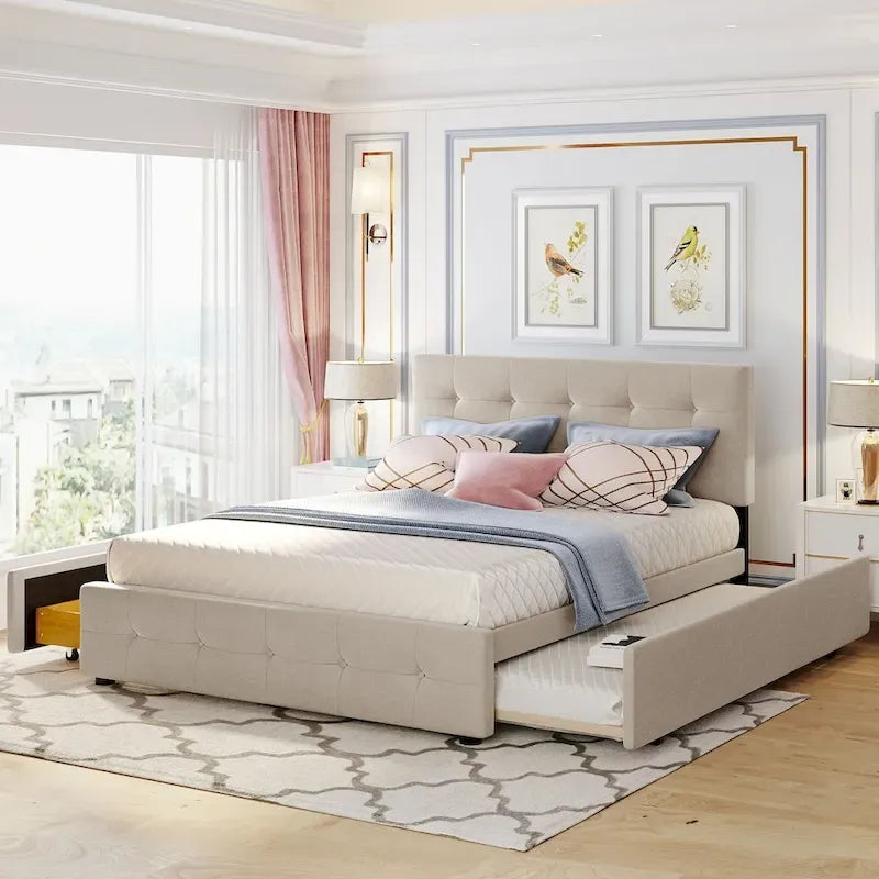 Upholstered Platform Bed with 2 Drawers and 1 Twin XL Trundle, Linen Fabric, Queen Size