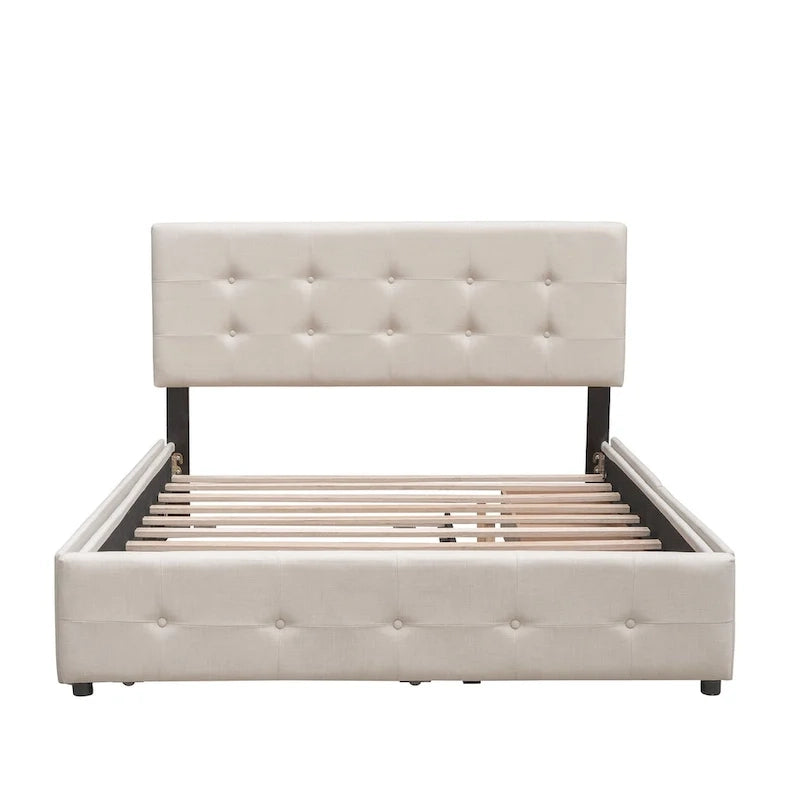 Lit plateforme rembourré avec 2 tiroirs et 1 lit gigogne jumeau XL, en tissu lin, format Queen