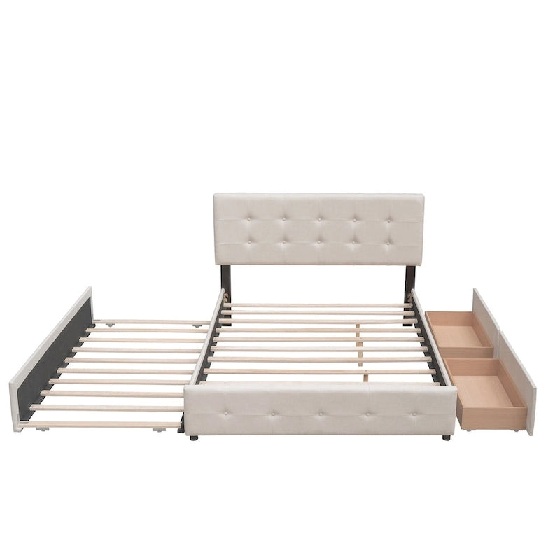 Lit plateforme rembourré avec 2 tiroirs et 1 lit gigogne jumeau XL, en tissu lin, format Queen