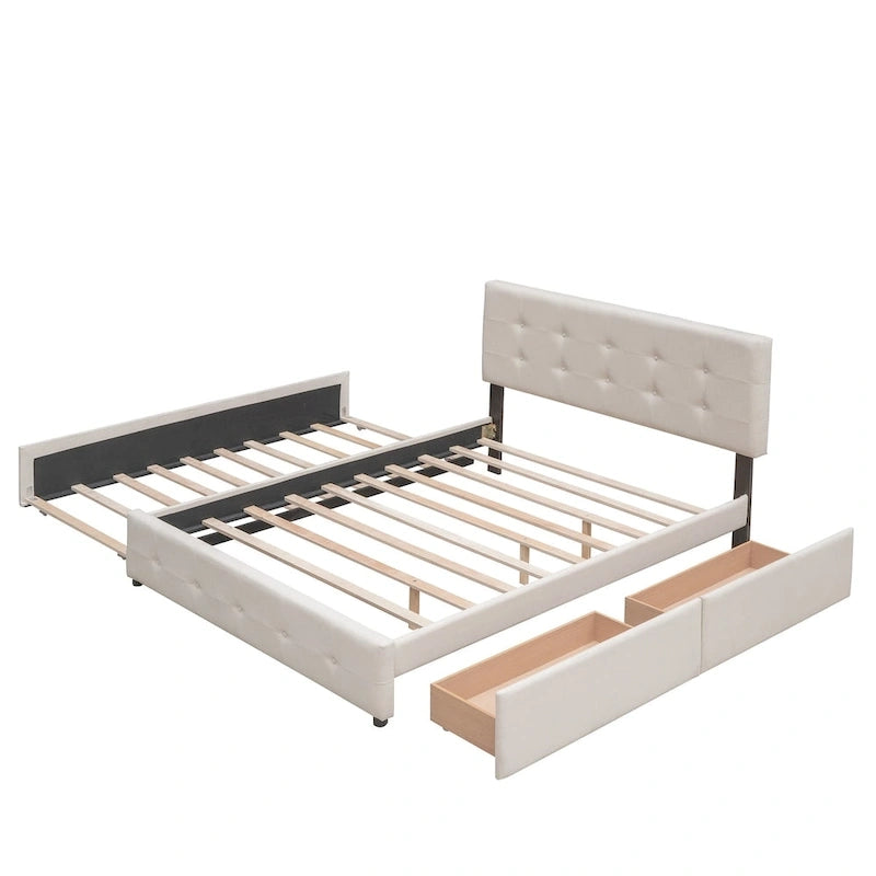 Lit plateforme rembourré avec 2 tiroirs et 1 lit gigogne jumeau XL, en tissu lin, format Queen
