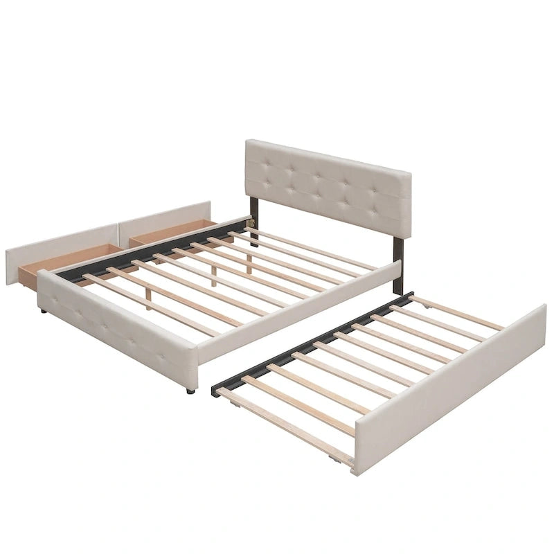 Lit plateforme rembourré avec 2 tiroirs et 1 lit gigogne jumeau XL, en tissu lin, format Queen