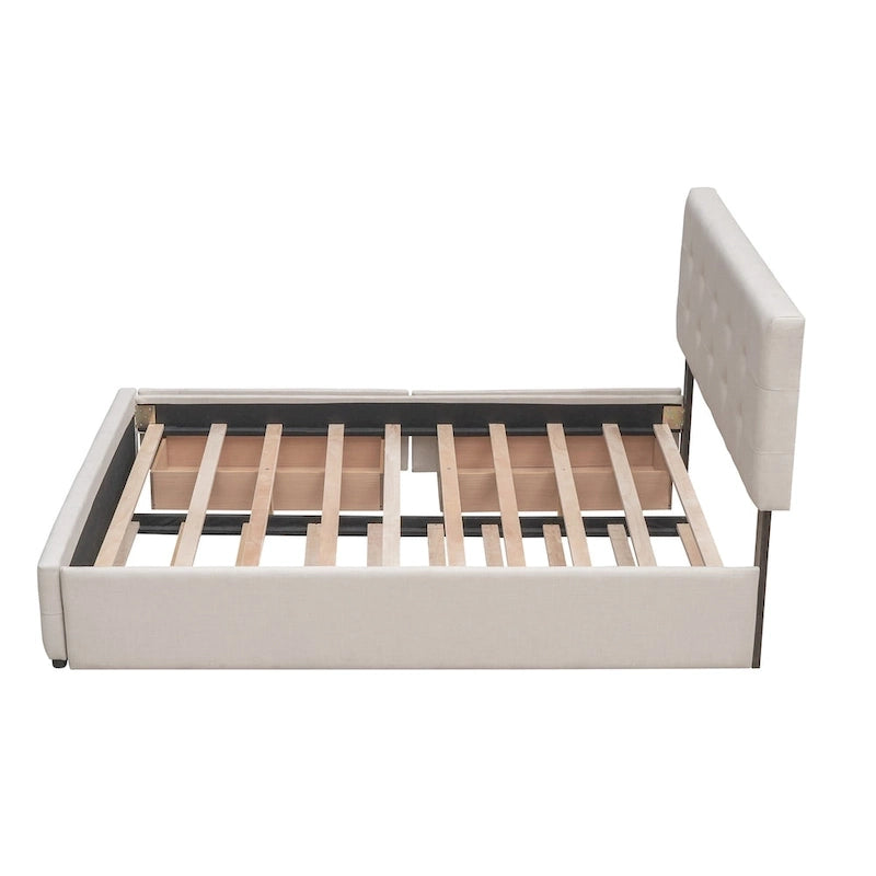 Lit plateforme rembourré avec 2 tiroirs et 1 lit gigogne jumeau XL, en tissu lin, format Queen