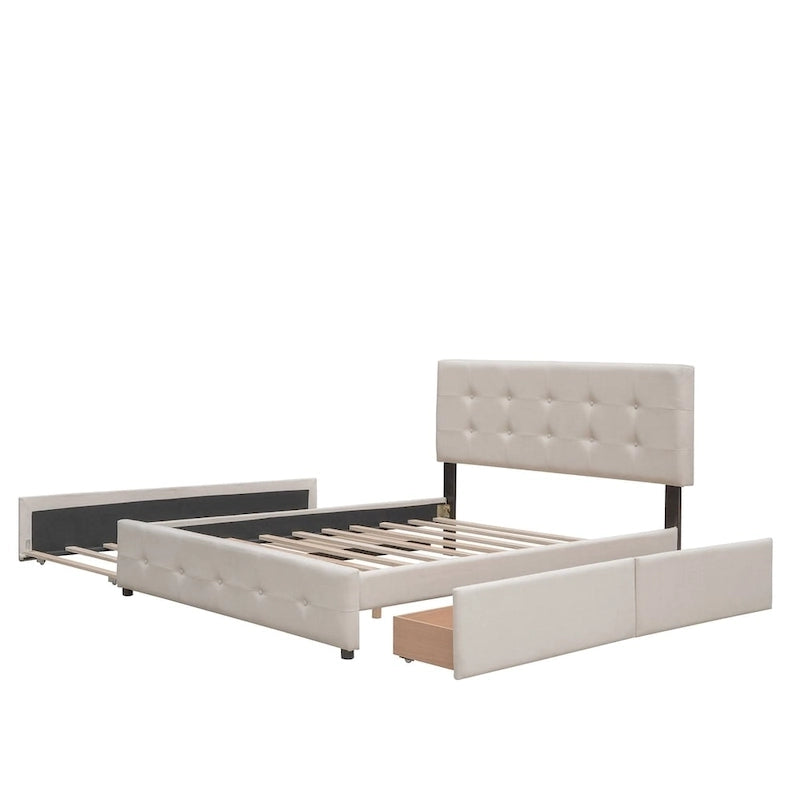 Lit plateforme rembourré avec 2 tiroirs et 1 lit gigogne jumeau XL, en tissu lin, format Queen