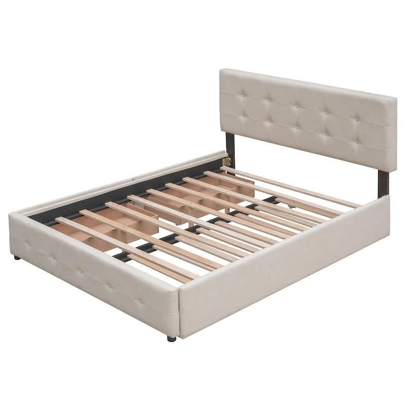 Lit plateforme rembourré avec 2 tiroirs et 1 lit gigogne jumeau XL, en tissu lin, format Queen
