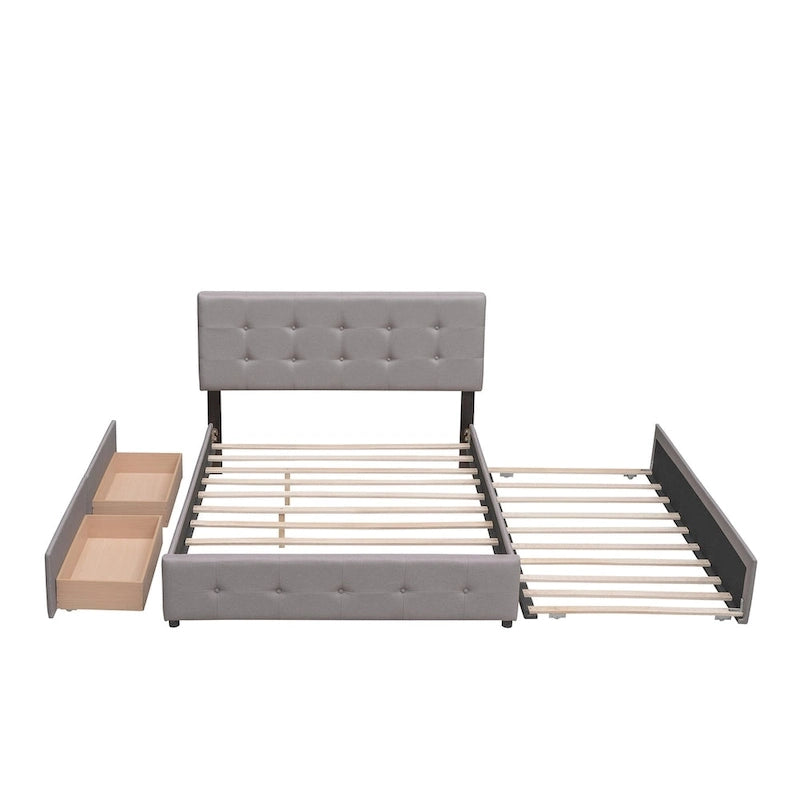 Lit plateforme rembourré avec 2 tiroirs et 1 lit gigogne jumeau XL, en tissu lin, format Queen