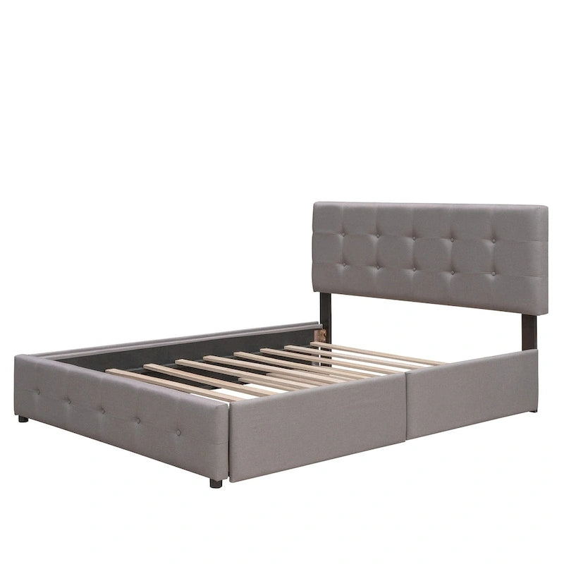 Lit plateforme rembourré avec 2 tiroirs et 1 lit gigogne jumeau XL, en tissu lin, format Queen