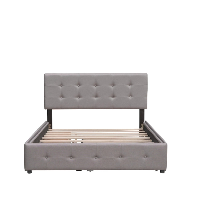 Lit plateforme rembourré avec 2 tiroirs et 1 lit gigogne jumeau XL, en tissu lin, format Queen