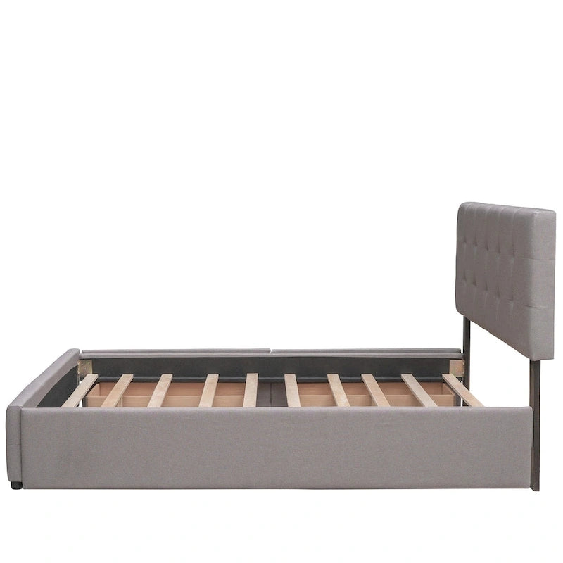 Lit plateforme rembourré avec 2 tiroirs et 1 lit gigogne jumeau XL, en tissu lin, format Queen