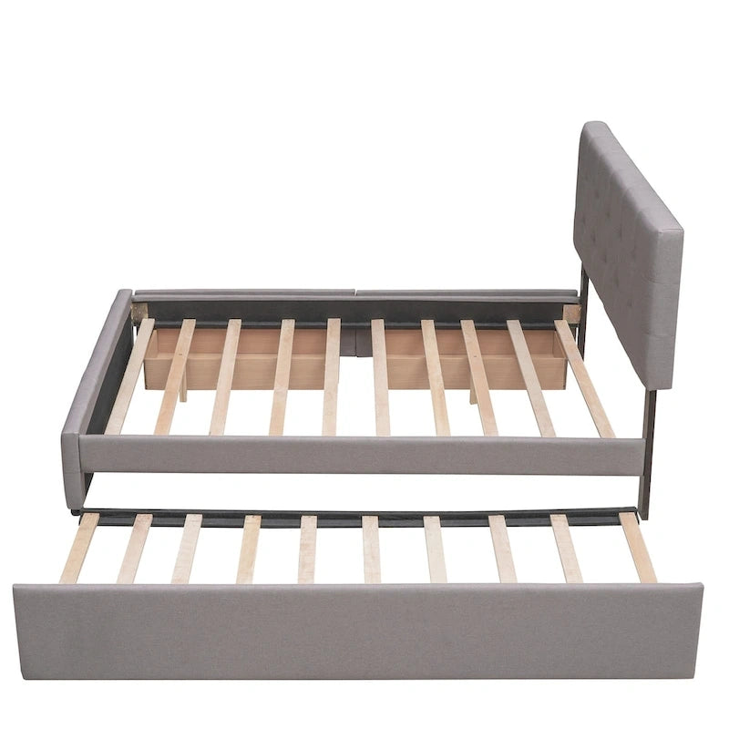 Lit plateforme rembourré avec 2 tiroirs et 1 lit gigogne jumeau XL, en tissu lin, format Queen