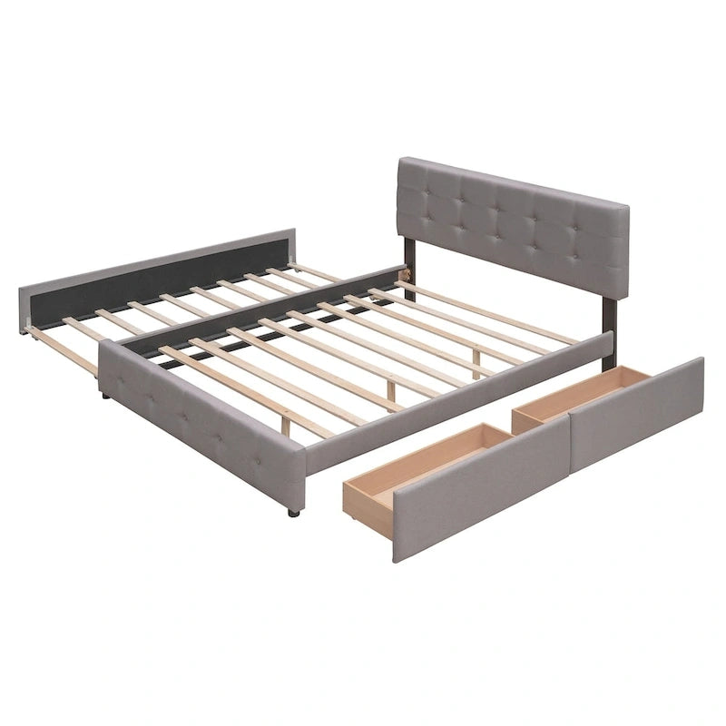 Lit plateforme rembourré avec 2 tiroirs et 1 lit gigogne jumeau XL, en tissu lin, format Queen