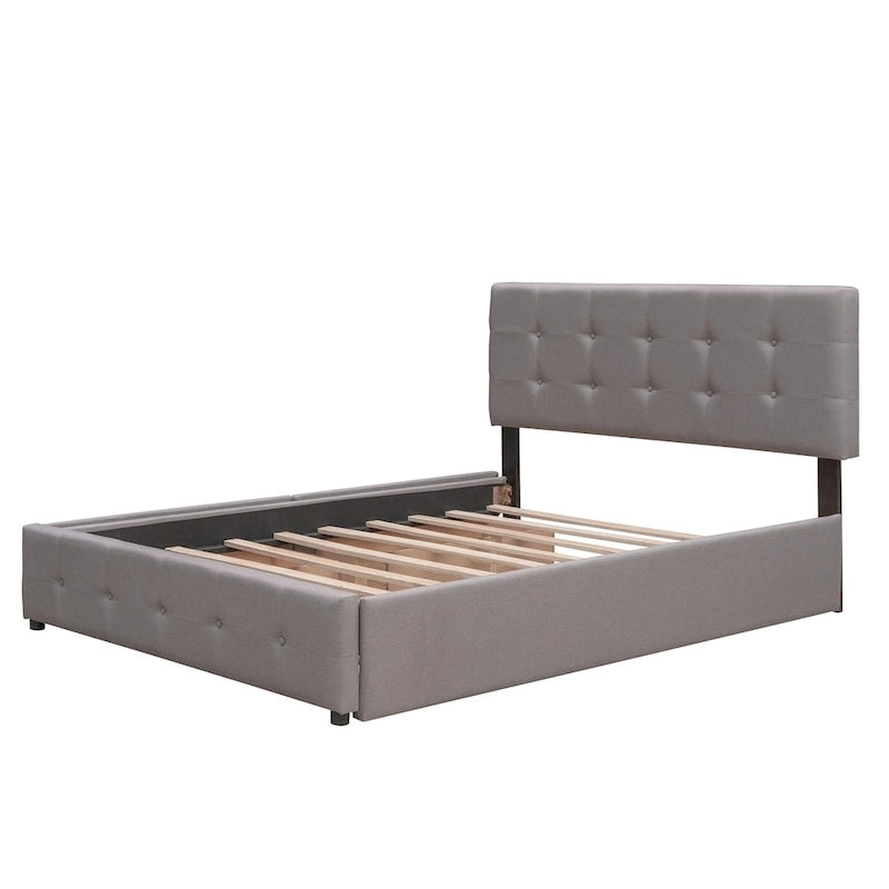 Lit plateforme rembourré avec 2 tiroirs et 1 lit gigogne jumeau XL, en tissu lin, format Queen