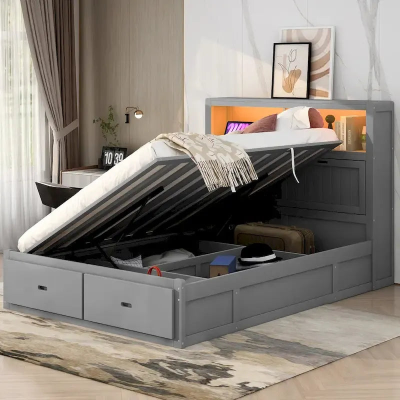 Lit plateforme hydraulique Queen Size en bois avec LED et station de recharge