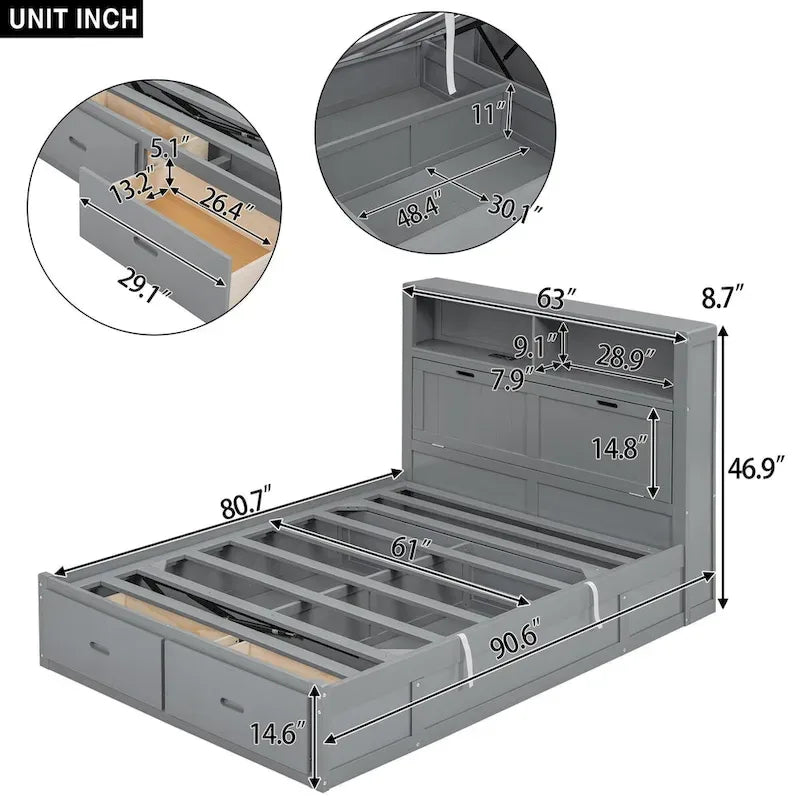 Lit plateforme hydraulique Queen Size en bois avec LED et station de recharge