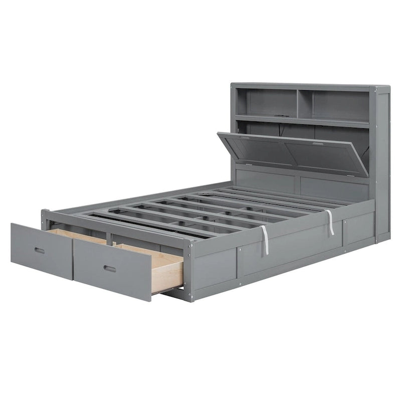 Lit plateforme hydraulique Queen Size en bois avec LED et station de recharge