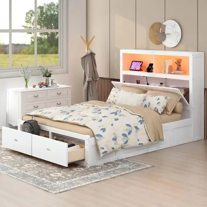 Lit plateforme hydraulique Queen Size en bois avec LED et station de recharge
