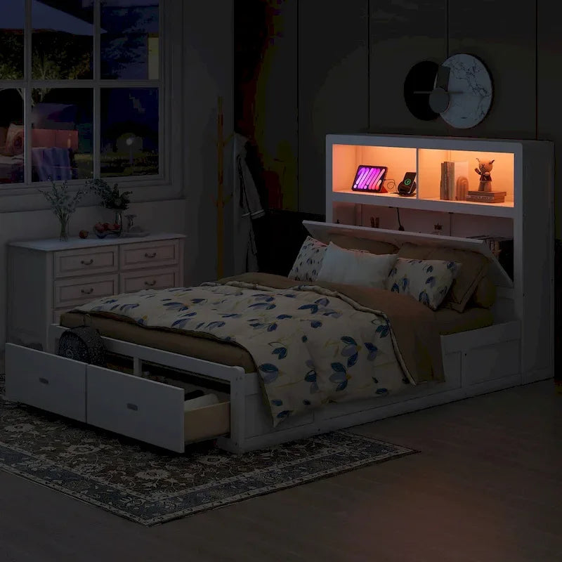 Lit plateforme hydraulique Queen Size en bois avec LED et station de recharge