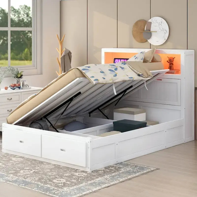 Lit plateforme hydraulique Queen Size en bois avec LED et station de recharge