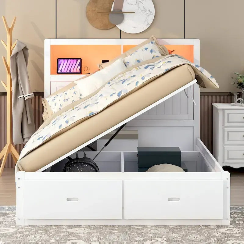 Lit plateforme hydraulique Queen Size en bois avec LED et station de recharge