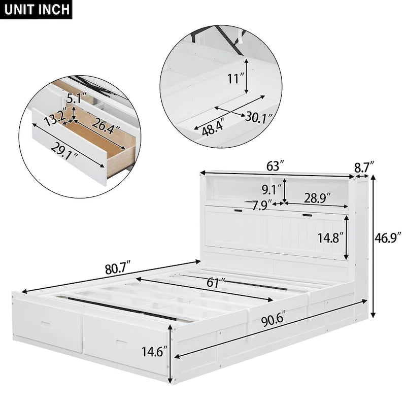 Lit plateforme hydraulique Queen Size en bois avec LED et station de recharge