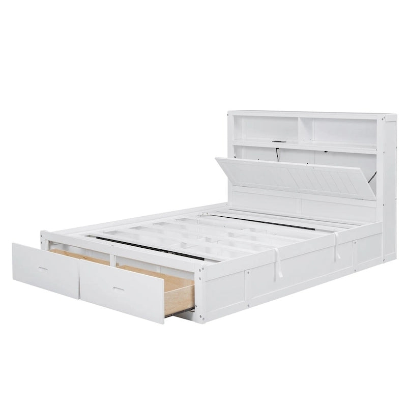 Lit plateforme hydraulique Queen Size en bois avec LED et station de recharge