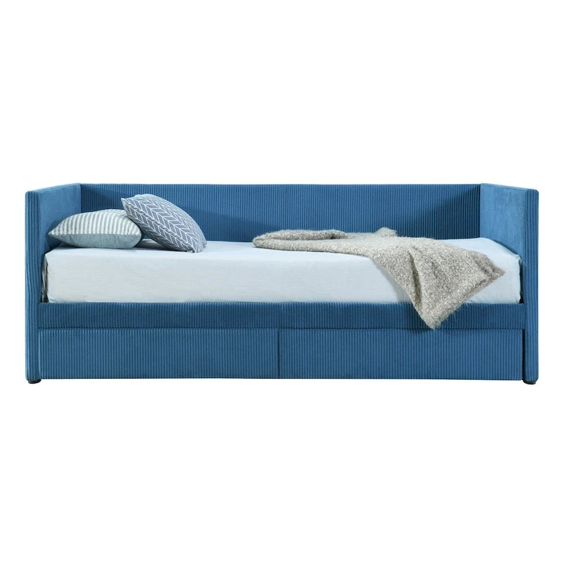 Lit de repos rembourré en velours côtelé avec deux tiroirs de rangement et cadre à lattes en bois et tête de lit, pas besoin de sommier tapissier