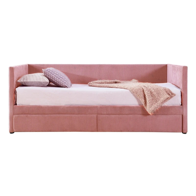 Lit de repos rembourré en velours côtelé avec deux tiroirs de rangement et cadre à lattes en bois et tête de lit, pas besoin de sommier tapissier