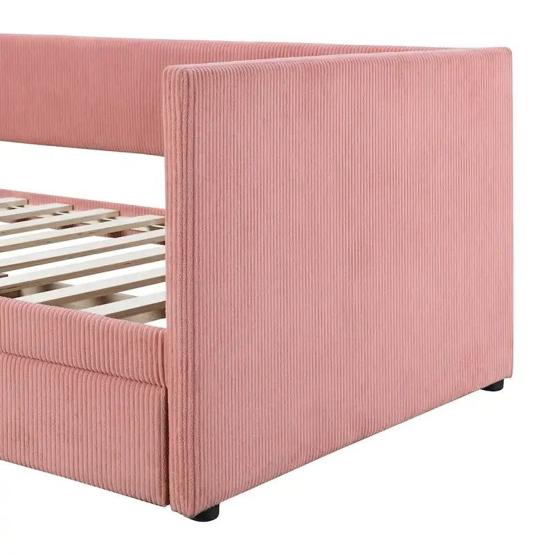Lit de repos rembourré en velours côtelé avec deux tiroirs de rangement et cadre à lattes en bois et tête de lit, pas besoin de sommier tapissier