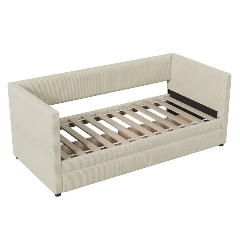 Lit de repos rembourré en velours côtelé avec deux tiroirs de rangement et cadre à lattes en bois et tête de lit, pas besoin de sommier tapissier