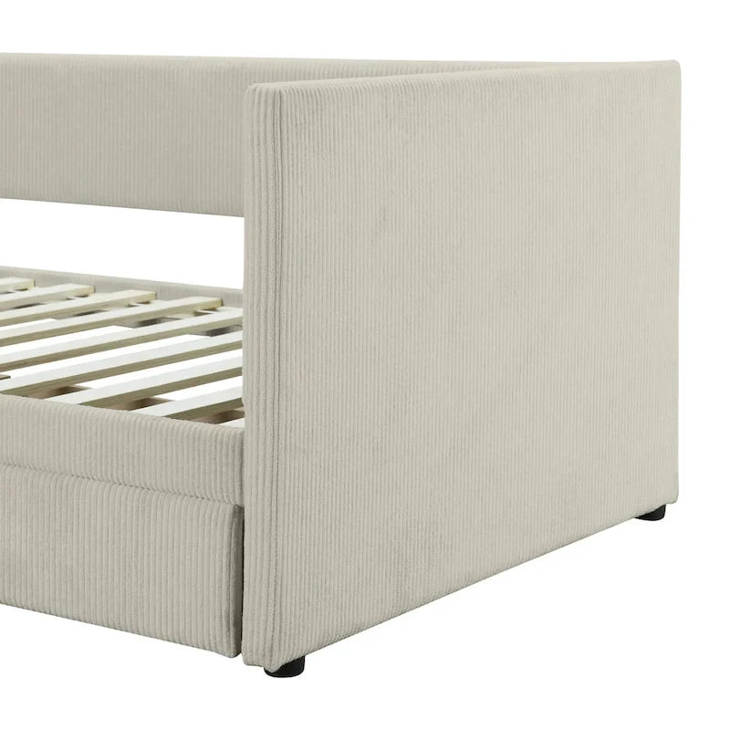 Lit de repos rembourré en velours côtelé avec deux tiroirs de rangement et cadre à lattes en bois et tête de lit, pas besoin de sommier tapissier
