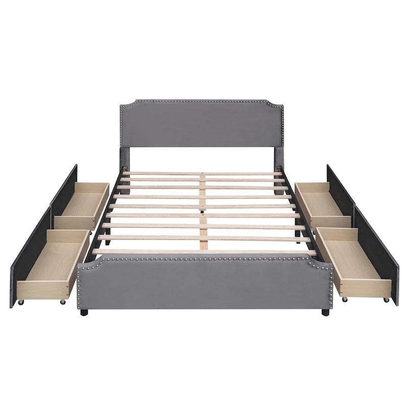 Lit plateforme capitonné en velours, avec tête de lit et pied de lit ornés de clous, 4 tiroirs de rangement intégrés, pas besoin de sommier.