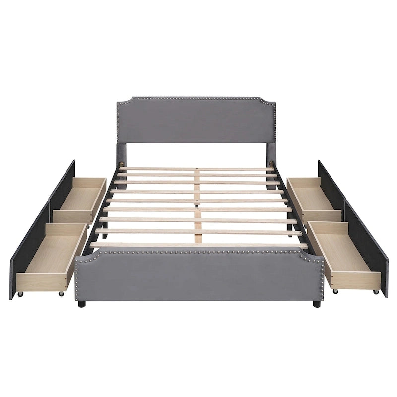 Lit plateforme capitonné en velours, avec tête de lit et pied de lit ornés de clous, 4 tiroirs de rangement intégrés, pas besoin de sommier.