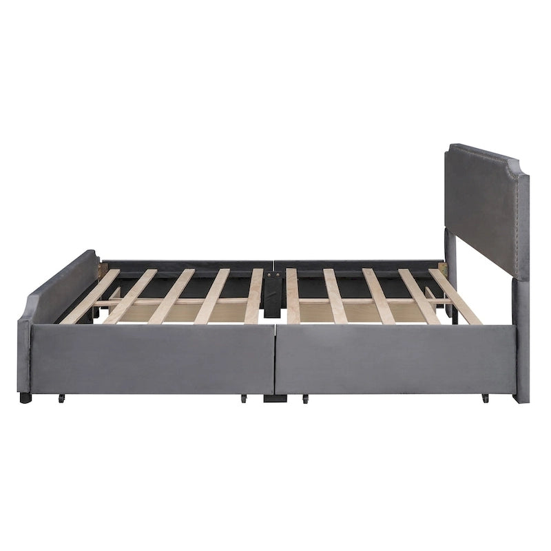 Lit plateforme capitonné en velours, avec tête de lit et pied de lit ornés de clous, 4 tiroirs de rangement intégrés, pas besoin de sommier.