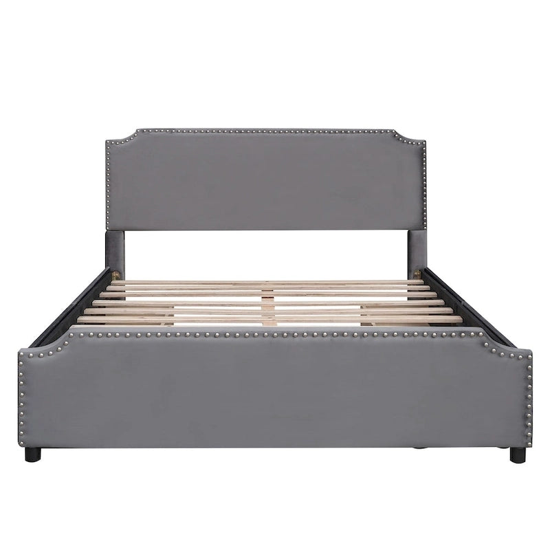 Lit plateforme capitonné en velours, avec tête de lit et pied de lit ornés de clous, 4 tiroirs de rangement intégrés, pas besoin de sommier.