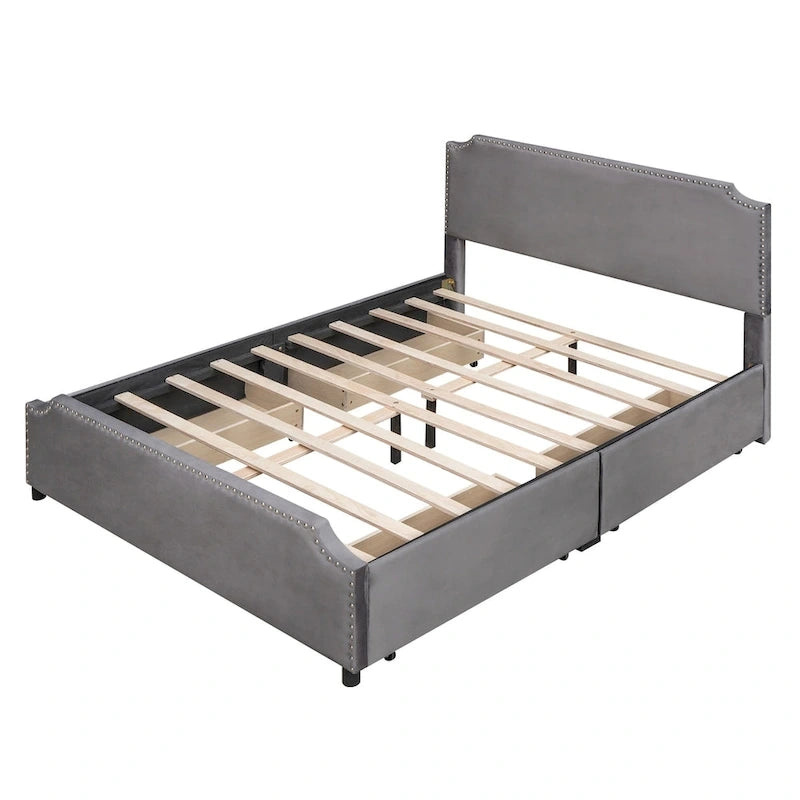 Lit plateforme capitonné en velours, avec tête de lit et pied de lit ornés de clous, 4 tiroirs de rangement intégrés, pas besoin de sommier.