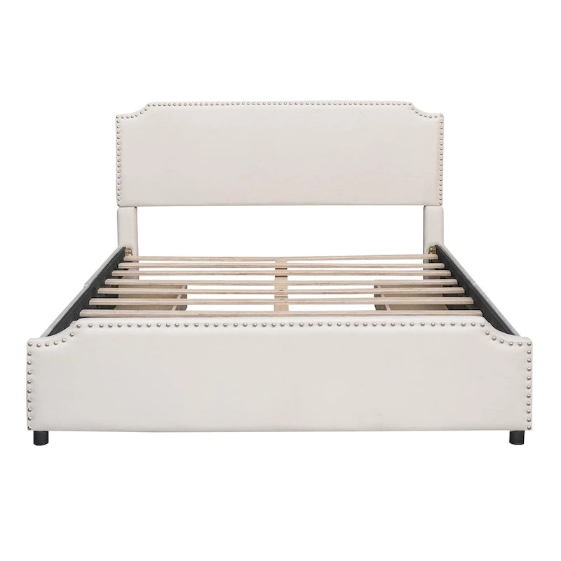 Lit plateforme capitonné en velours, avec tête de lit et pied de lit ornés de clous, 4 tiroirs de rangement intégrés, pas besoin de sommier.