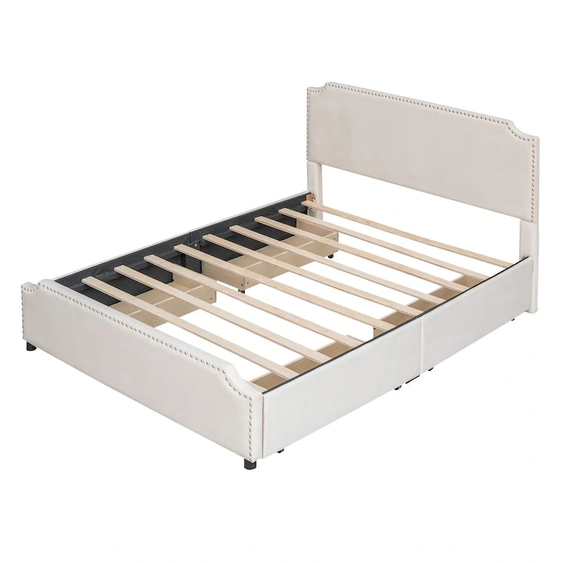 Lit plateforme capitonné en velours, avec tête de lit et pied de lit ornés de clous, 4 tiroirs de rangement intégrés, pas besoin de sommier.