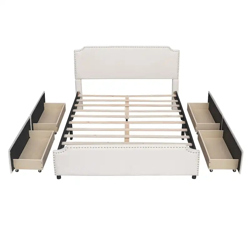 Lit plateforme capitonné en velours, avec tête de lit et pied de lit ornés de clous, 4 tiroirs de rangement intégrés, pas besoin de sommier.