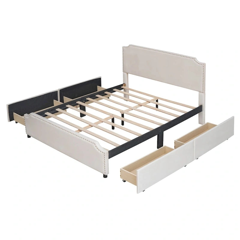 Lit plateforme capitonné en velours, avec tête de lit et pied de lit ornés de clous, 4 tiroirs de rangement intégrés, pas besoin de sommier.